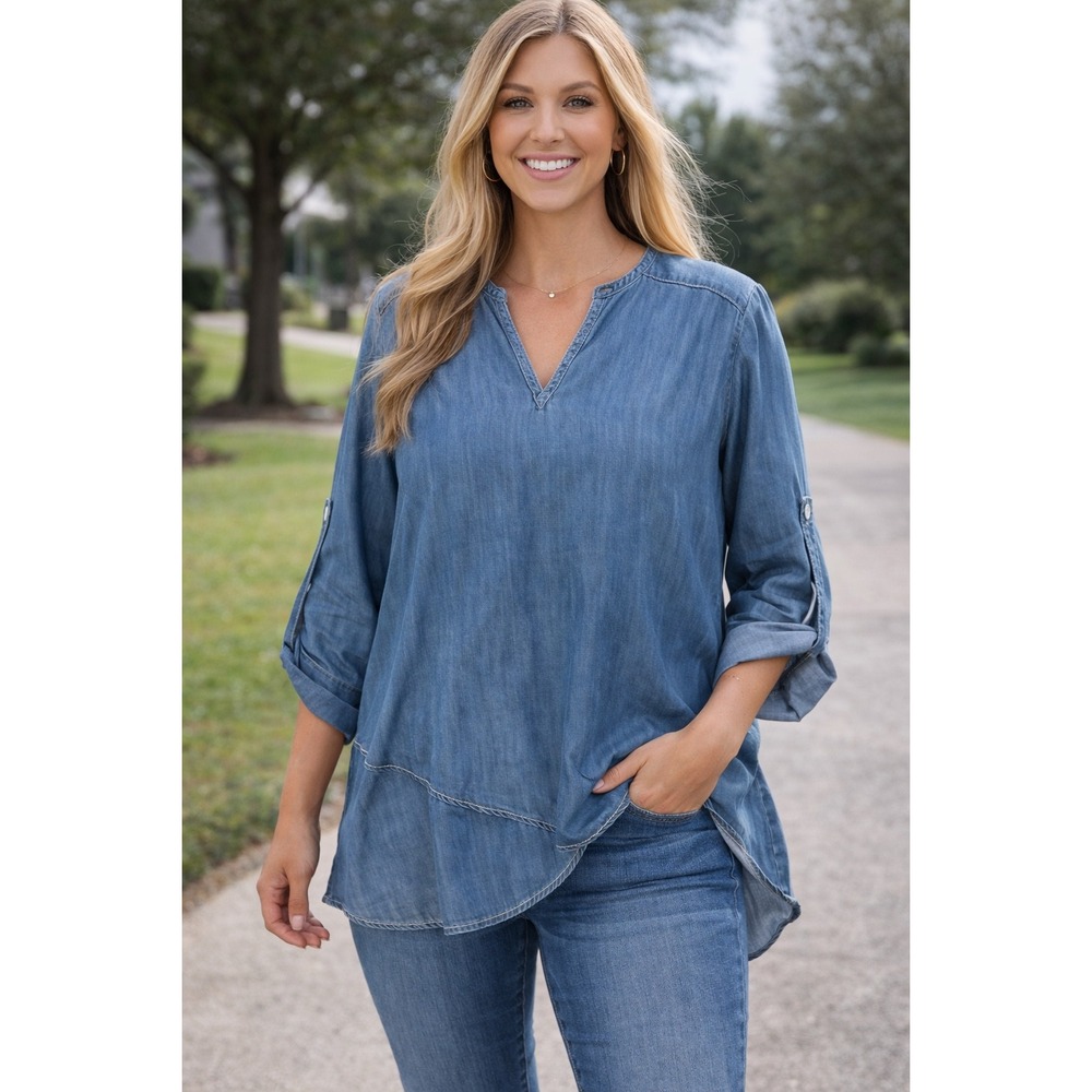 Karen Kane Women Top Lifestyle Chambray Wrap Blue Roll Tab Sleeve‎ Small NWT
